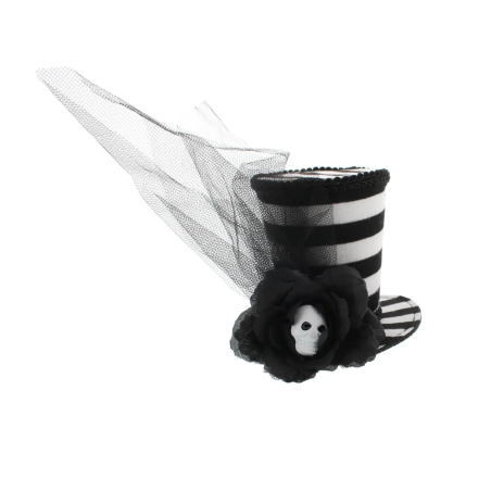 Black White Striped Top Hat Halloween Fascinator Hair Clip Skull Rose & Veil